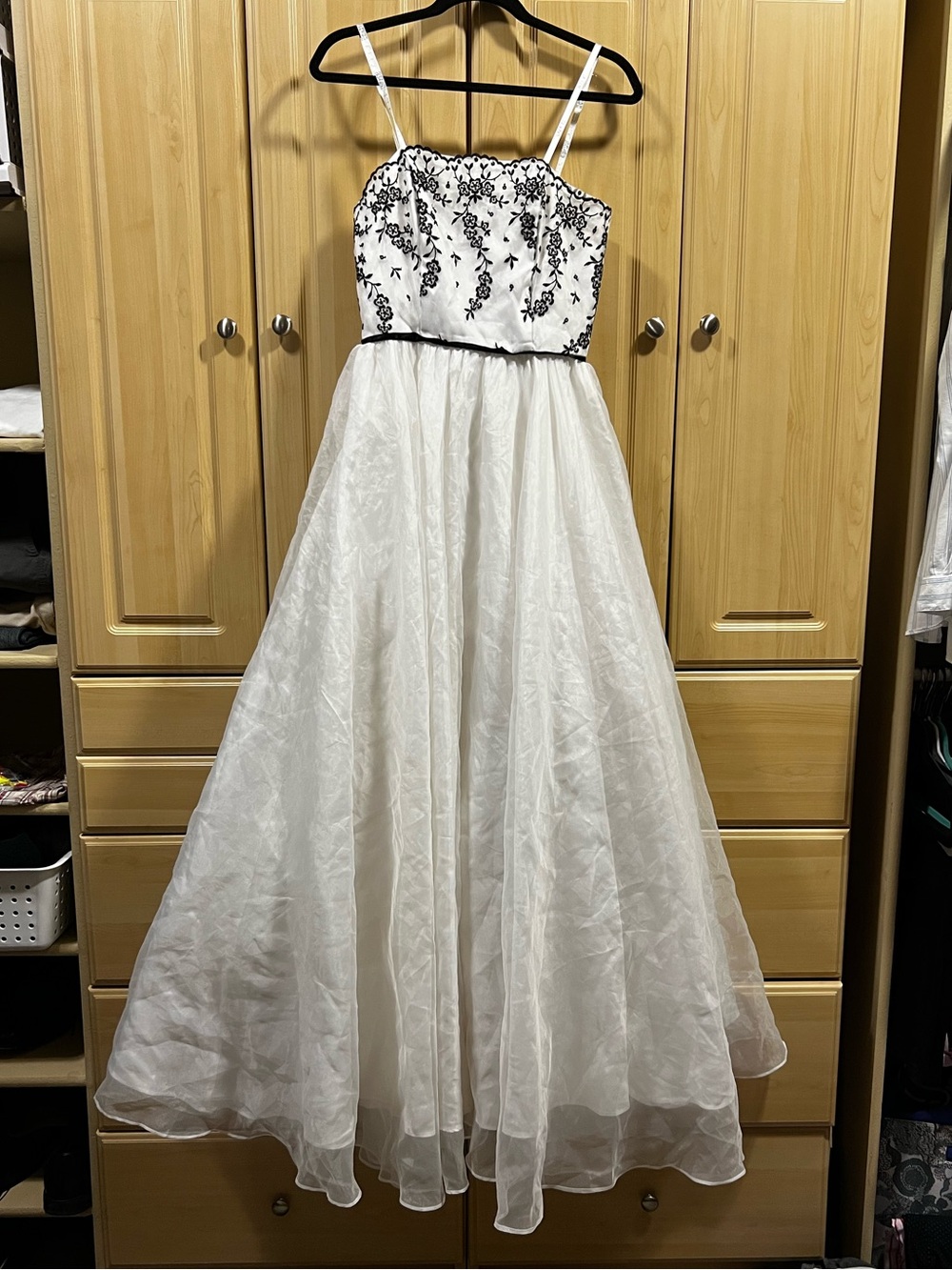 De Laru Vintage White Dress with Black Embroidery - Spaghetti Strap Formal Dress